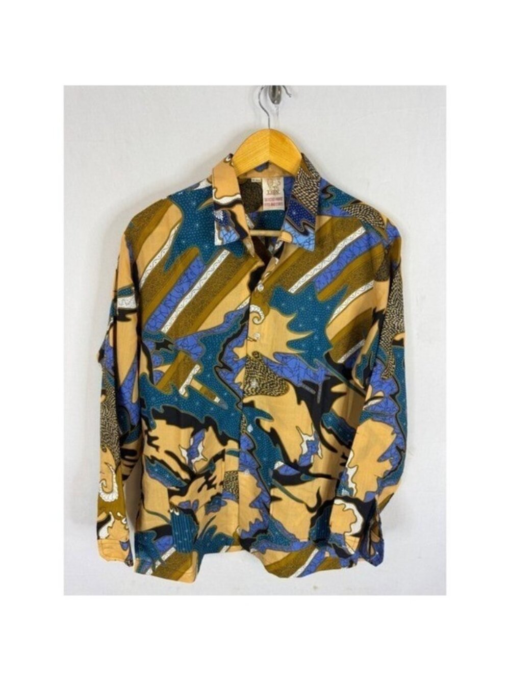 Lion Vintage 70s Batik Print Button Down Shirt Mustard Blue Abstract 16